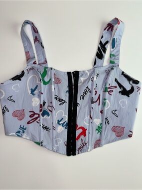 Rabbit Rose Blue Graffiti Heart Print Corset Crop Top XL Hook and Eye
